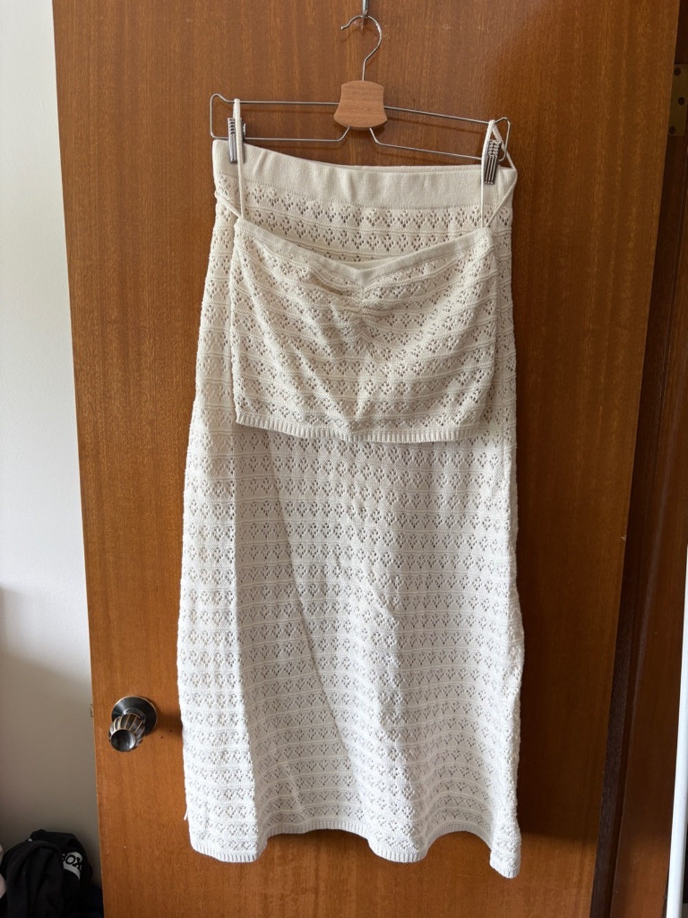 Cream Crochet Knit Midi Skirt + Top Set